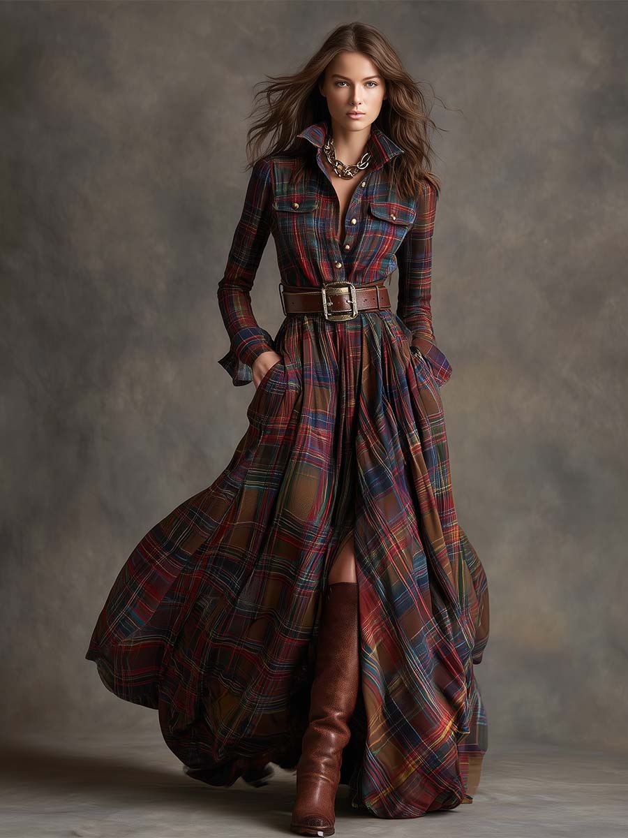 Red plaid button-up shirt dress with belt, long sleeves, chest pockets and slit