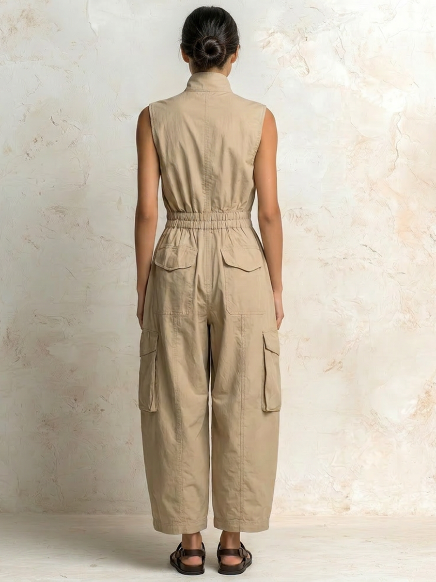 Beige sleeveless cargo jumpsuit with back yoke and utility pocket detail