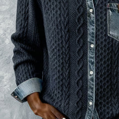 Long-sleeve shirt with dark knit texture, denim placket and cuff