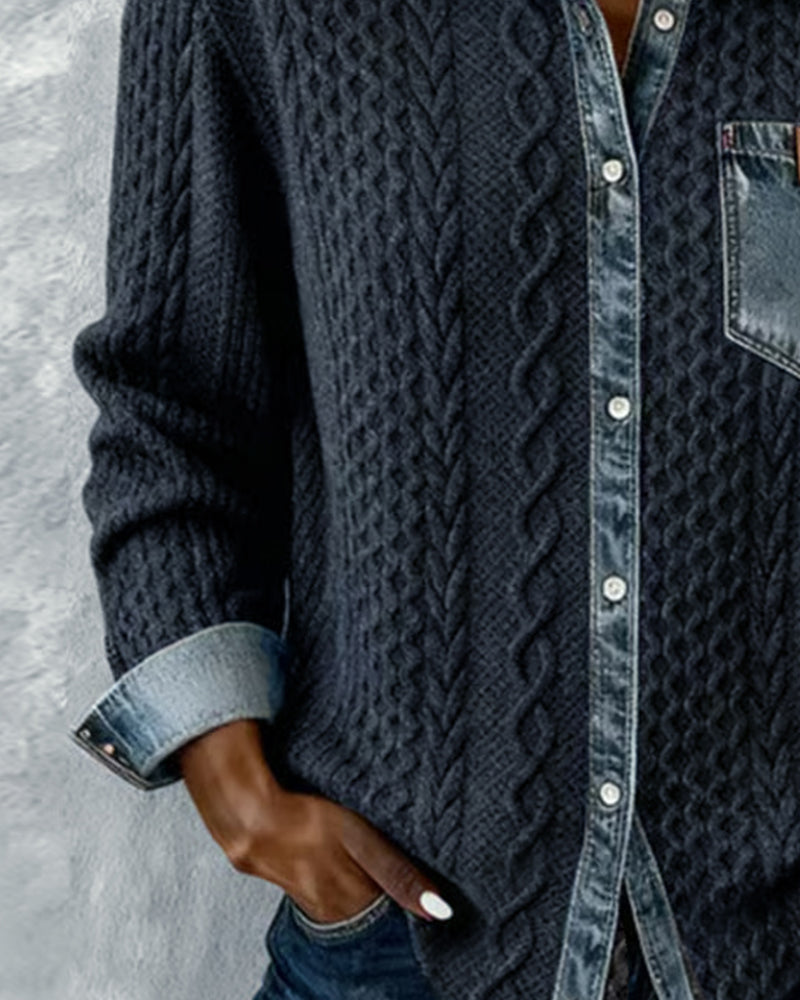 Long-sleeve shirt with dark knit texture, denim placket and cuff