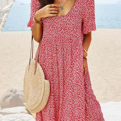 Red floral babydoll dress with V-neck and short sleeves, knee-length