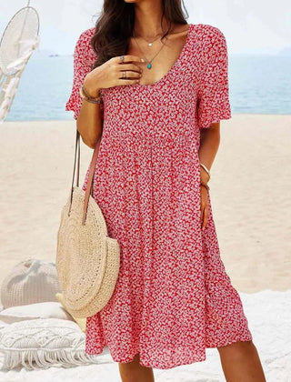 Red floral babydoll dress with V-neck and short sleeves, knee-length