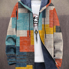 Multicolored art-print hoodie with fleece-lined hood, front pocket, drawstring