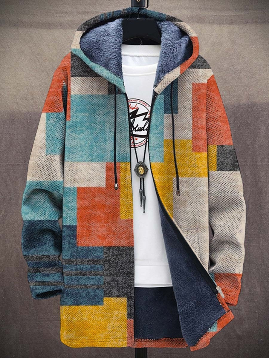 Multicolored art-print hoodie with fleece-lined hood, front pocket, drawstring