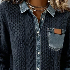 Long-sleeve denim patchwork shirt with collar, front pocket, snap buttons