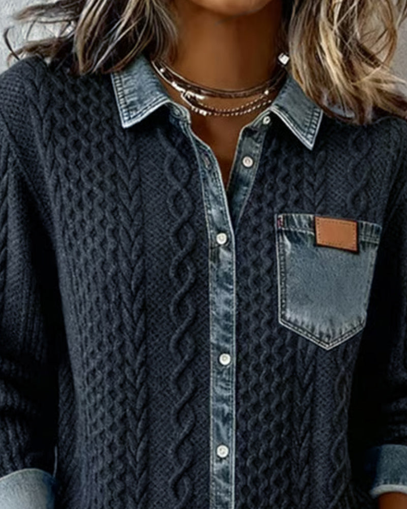 Long-sleeve denim patchwork shirt with collar, front pocket, snap buttons
