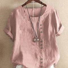 Rose-pink summer tee with V-neck, button placket, short sleeves and necklace charm