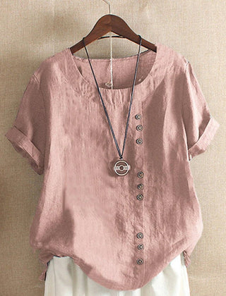 Rose-pink summer tee with V-neck, button placket, short sleeves and necklace charm