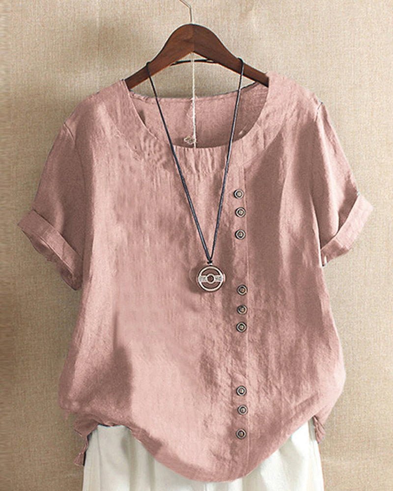 Rose-pink summer tee with V-neck, button placket, short sleeves and necklace charm
