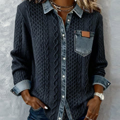 Dark gray long-sleeve cable-knit shirt with denim collar, placket, and chest pocket