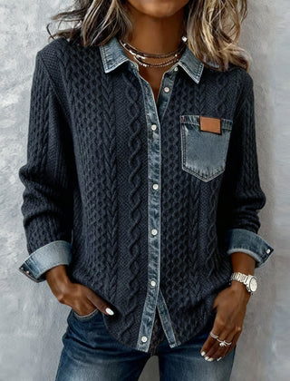 Dark gray long-sleeve cable-knit shirt with denim collar, placket, and chest pocket