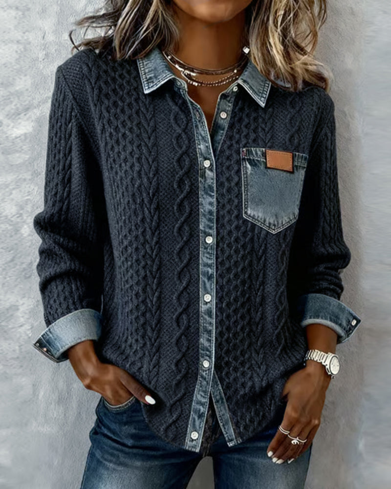 Dark gray long-sleeve cable-knit shirt with denim collar, placket, and chest pocket