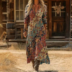 Multicolor boho print flowy relaxed-fit midi dress with long sleeves and V-neck