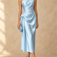 One-shoulder ruched satin midi dress in light blue, draped waist and side gathers