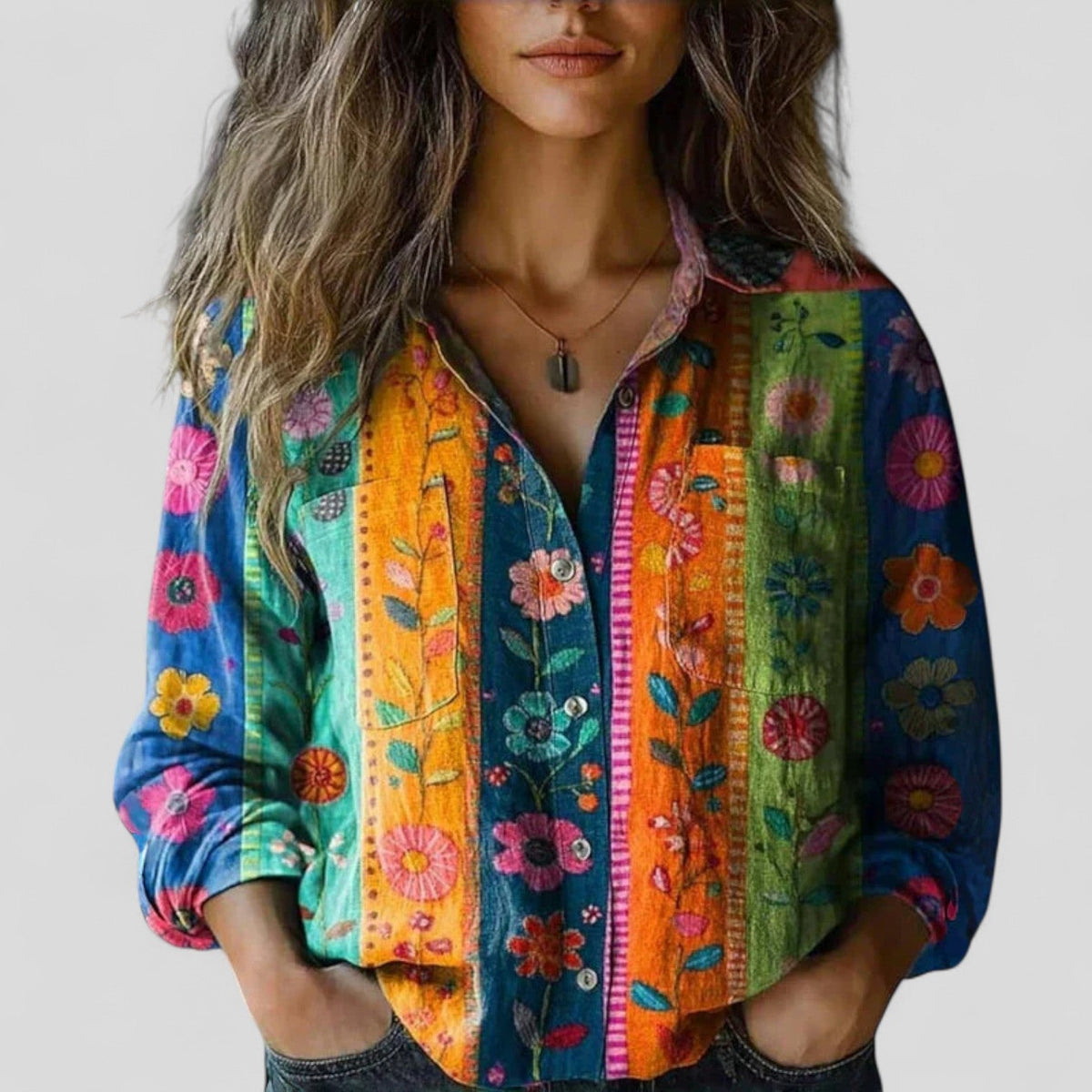 Multicolor floral patchwork button-up blouse shirt with rolled sleeves and mandarin collar