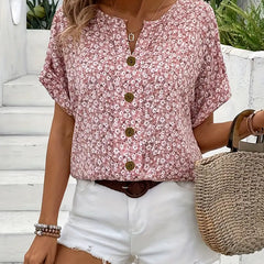 Pink floral print blouse with V-neck button placket and short cuffed sleeves