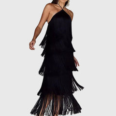 Black halter tassel dress with layered fringe and draped halter neckline