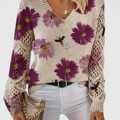 Floral knit V-neck cardigan with long sleeves, off-white with purple and yellow flower print