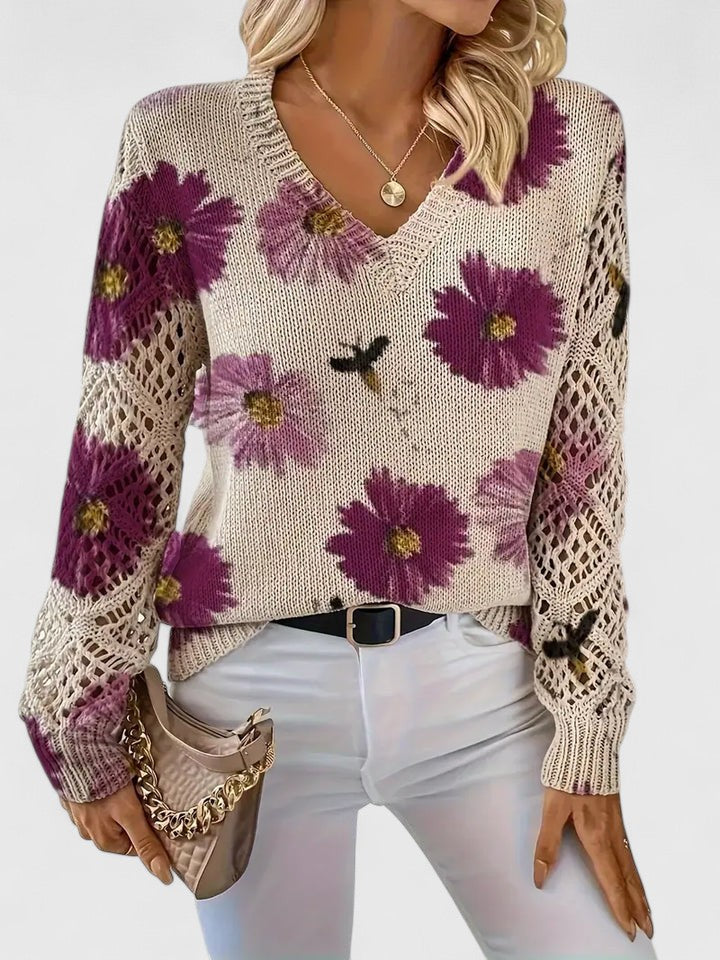 Floral knit V-neck cardigan with long sleeves, off-white with purple and yellow flower print