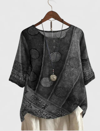 Boho patchwork tunic top with short sleeves, round button placket, dark gray
