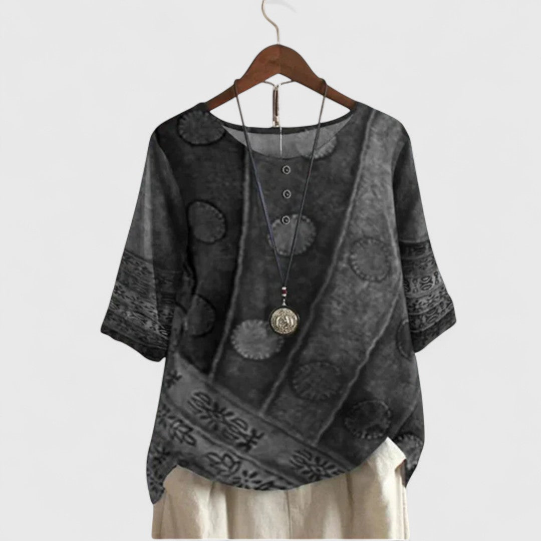 Boho patchwork tunic top with short sleeves, round button placket, dark gray