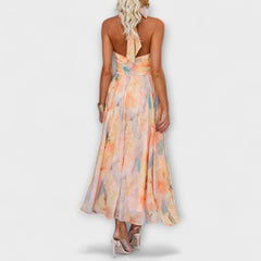 Backless halter midi dress with watercolor orange and blue floral print, open back
