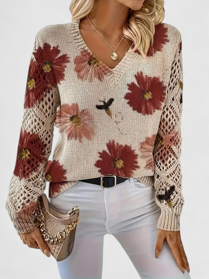 Beige V-neck cardigan with red and pink flower print, crochet lace sleeves
