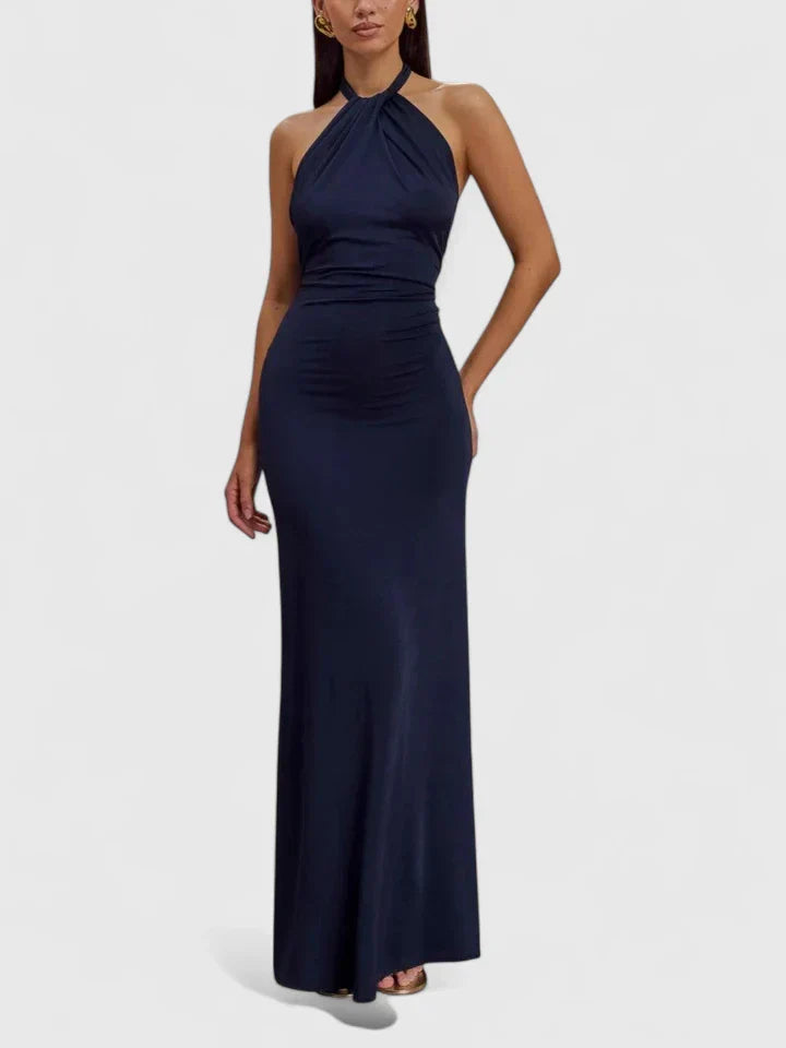 Anzhelia navy halter maxi dress with gathered neckline and fitted ruched silhouette