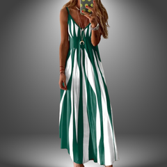 Dark green sleeveless long dress with vertical stripe print and keyhole button detail