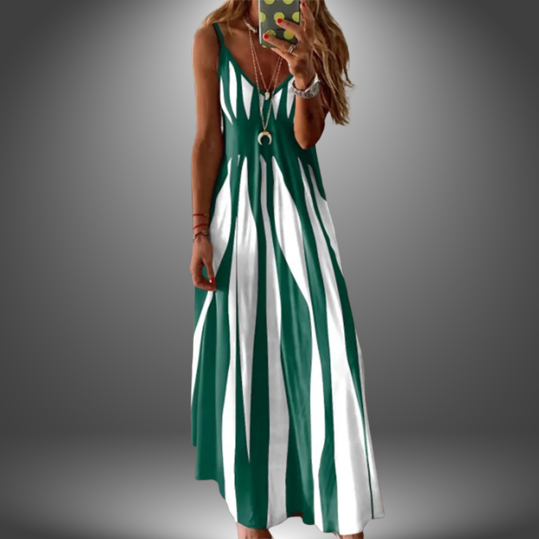 Dark green sleeveless long dress with vertical stripe print and keyhole button detail