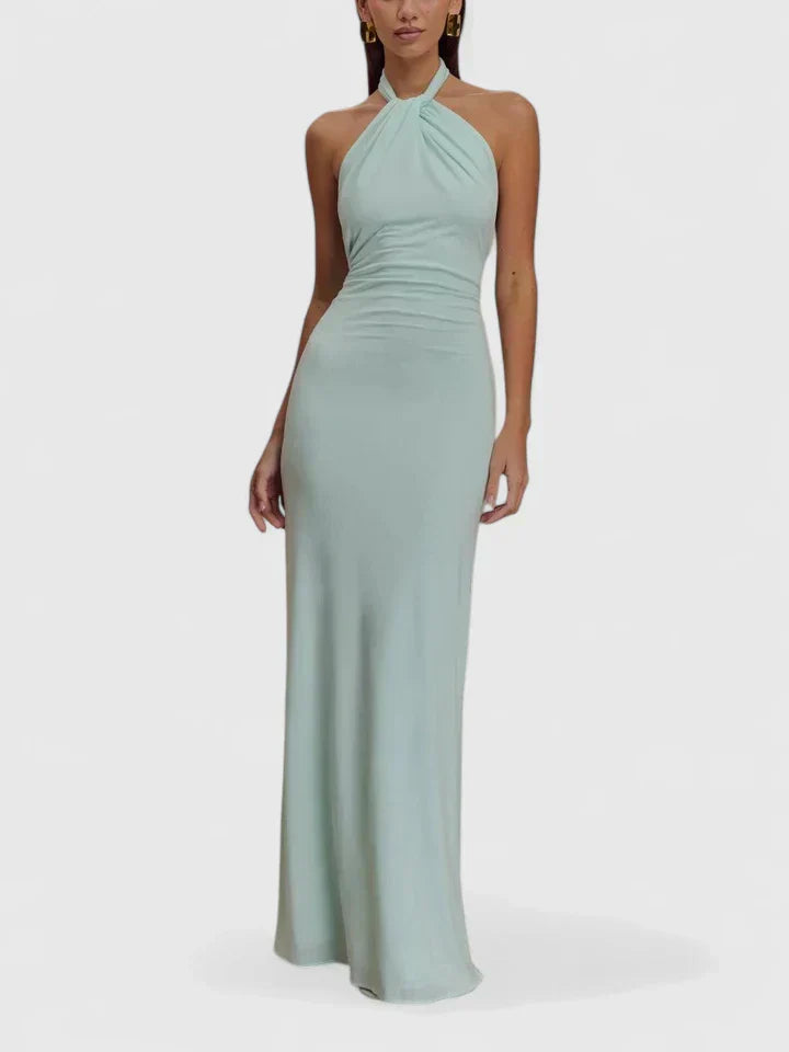 Anzhelia mint halter maxi dress with gathered neck and fitted waist