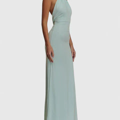 Anzhelia mint halter maxi dress with gathered neckline and flowing column skirt