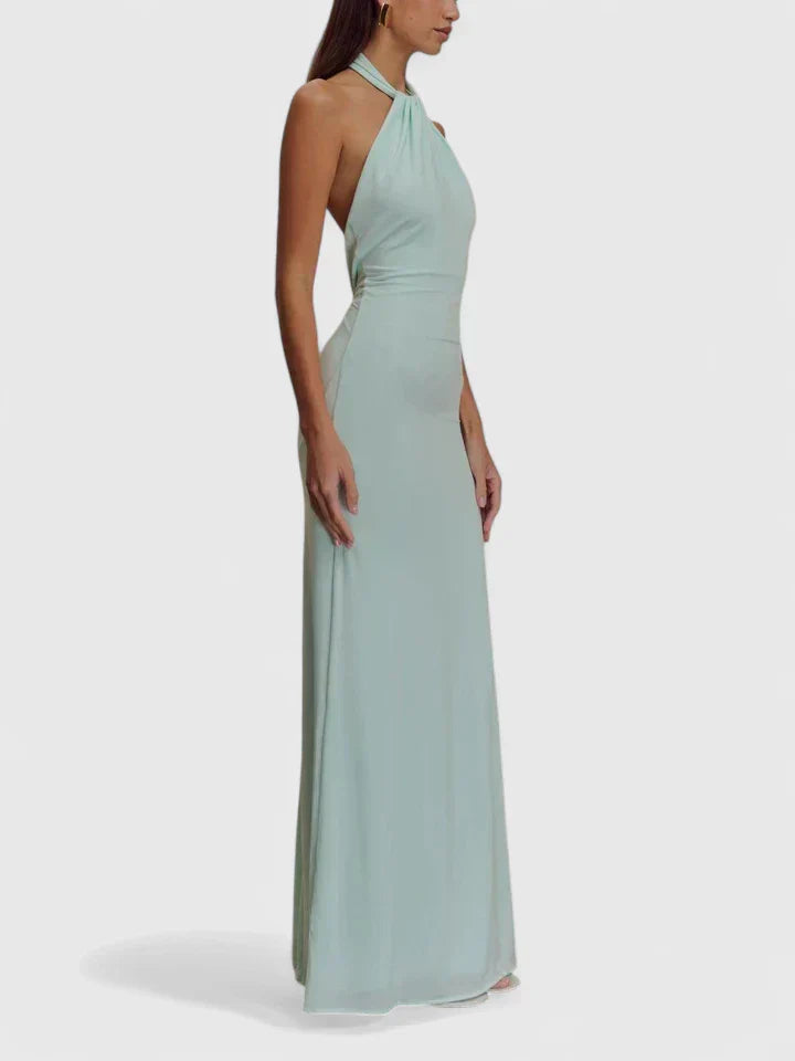 Anzhelia mint halter maxi dress with gathered neckline and flowing column skirt