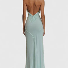 Anzhelia mint backless halter maxi dress with low open back and gathered detail