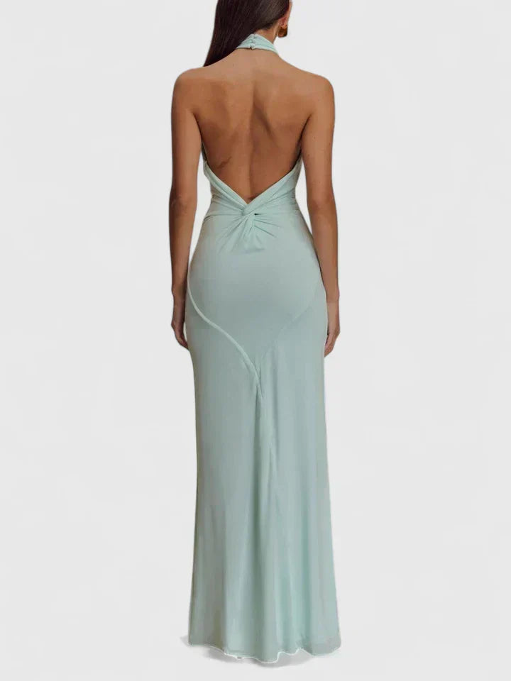 Anzhelia mint backless halter maxi dress with low open back and gathered detail