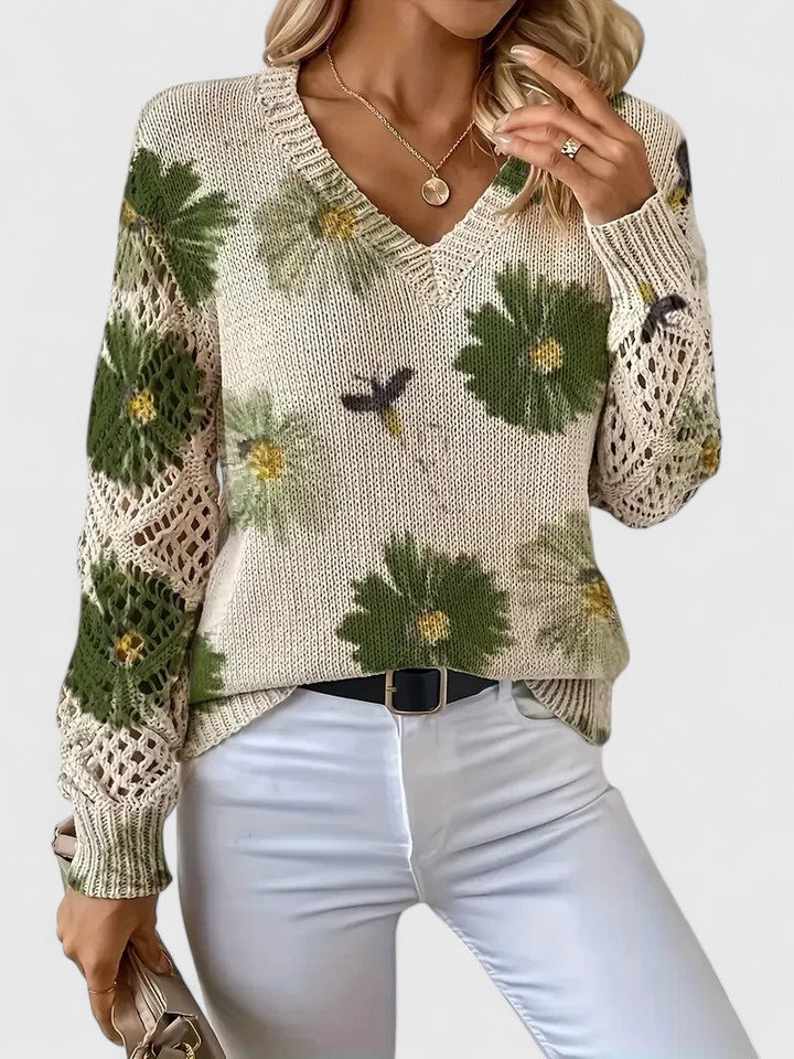Floral knit V-neck cardigan with long sleeves and openwork panels, off-white with green flowers
