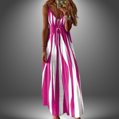 Pink sleeveless long dress with vertical stripe print and keyhole button detail