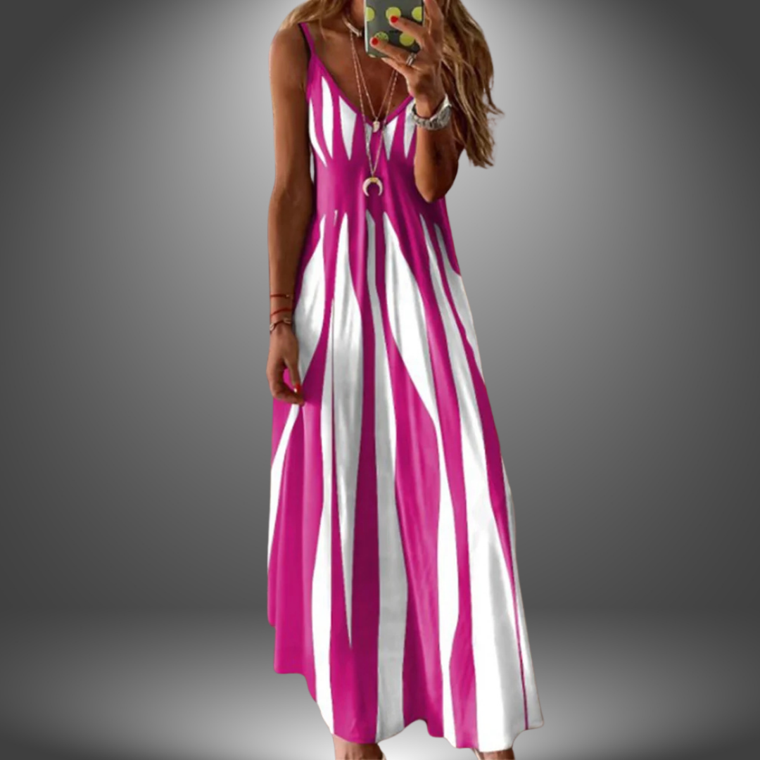 Pink sleeveless long dress with vertical stripe print and keyhole button detail