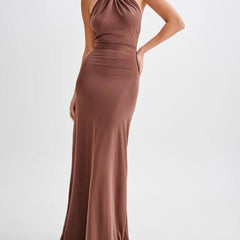 Anzhelia brown halter maxi dress with gathered neckline and ruched waist