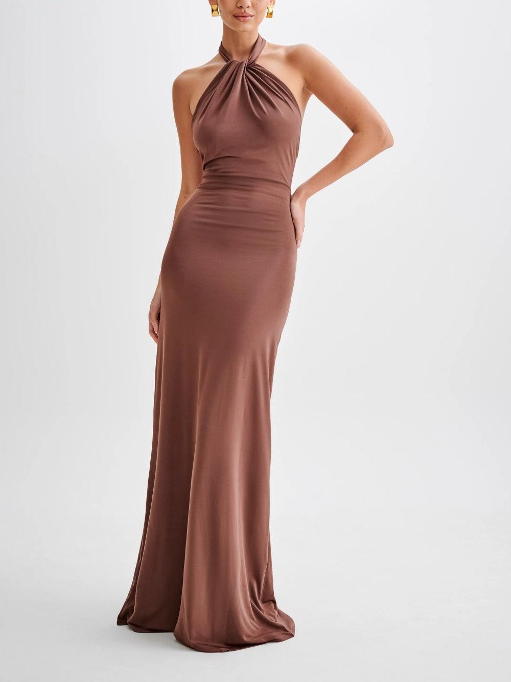 Anzhelia brown halter maxi dress with gathered neckline and ruched waist