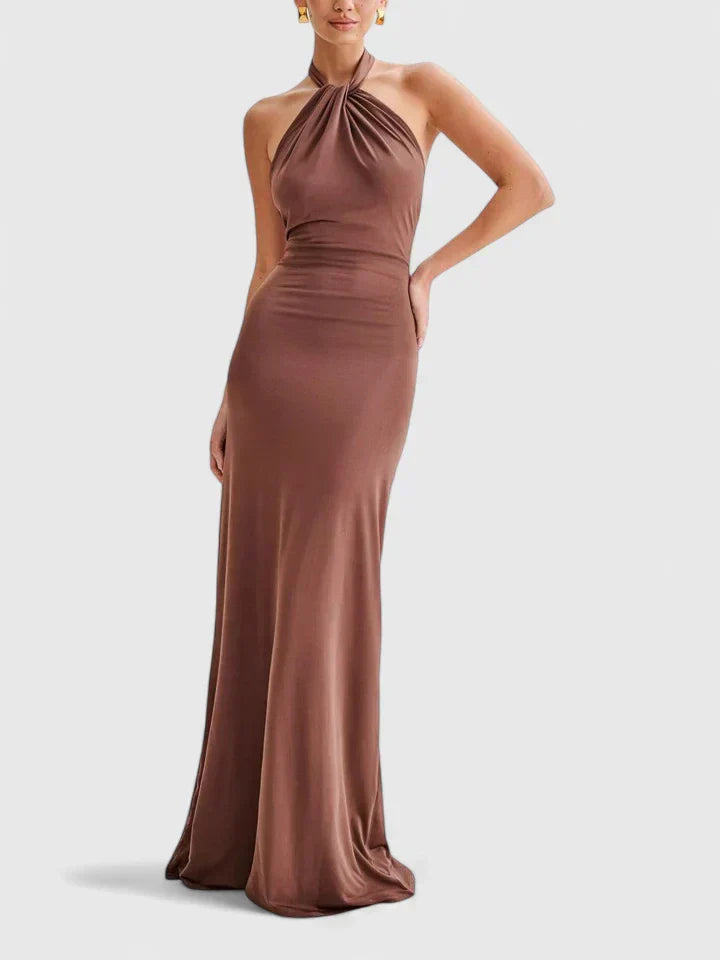 Anzhelia brown halter maxi dress, sleeveless, with ruched bodice and long skirt