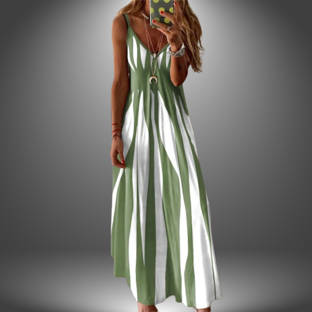 Light green sleeveless long dress with vertical stripe print and keyhole button detail