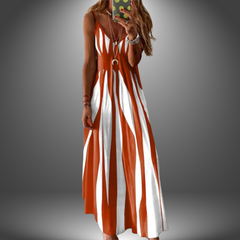 Orange sleeveless long dress with vertical stripe print and keyhole button detail