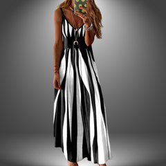 Black sleeveless long dress with vertical stripe print and keyhole button detail