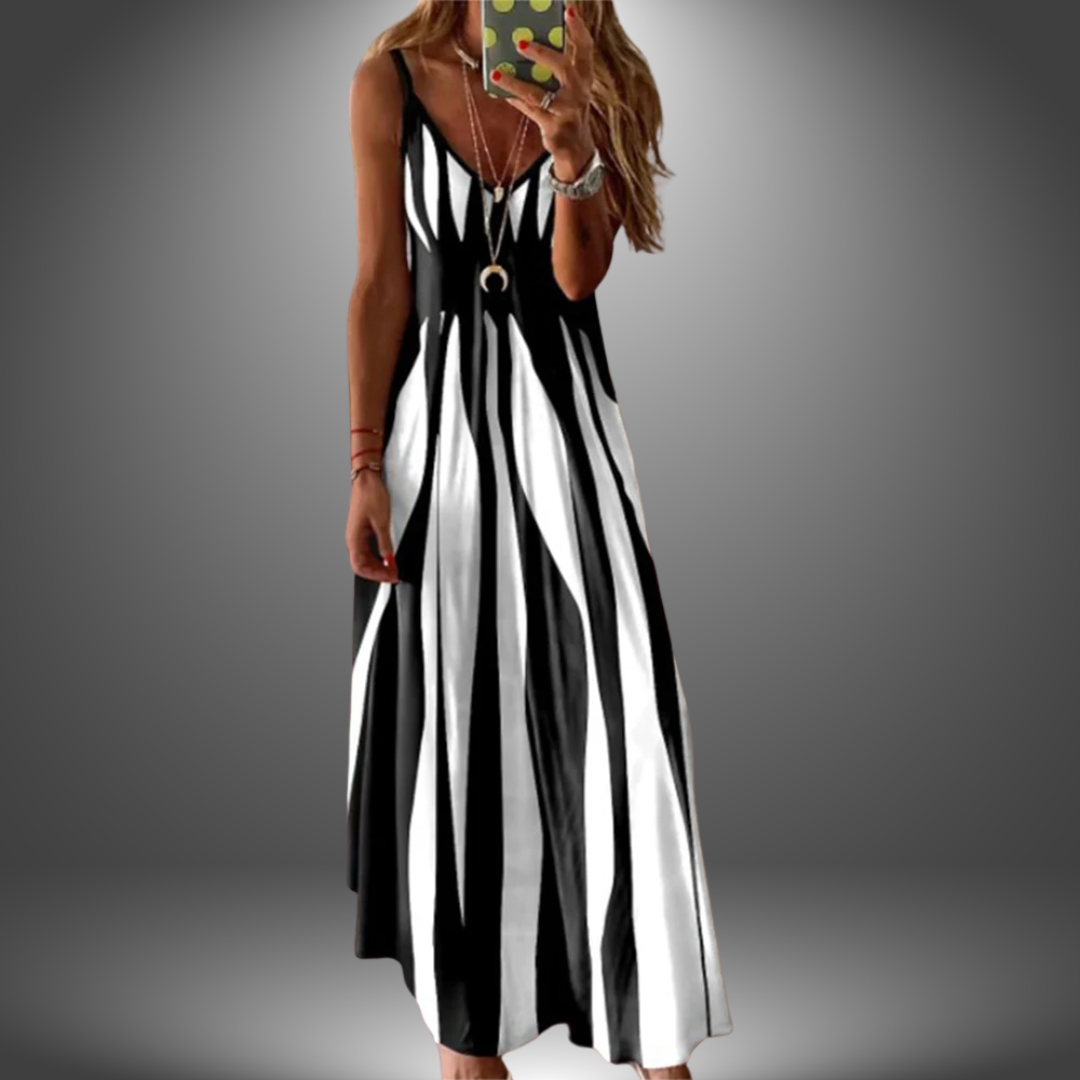 Black sleeveless long dress with vertical stripe print and keyhole button detail