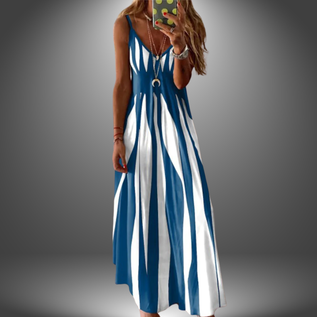 Blue sleeveless long dress with vertical stripe print and keyhole button detail
