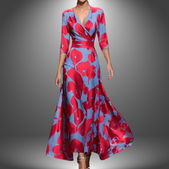 Red and blue floral V-neck half-sleeve boho maxi dress with wrap-style bodice