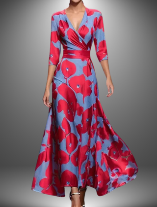 Red and blue floral V-neck half-sleeve boho maxi dress with wrap-style bodice