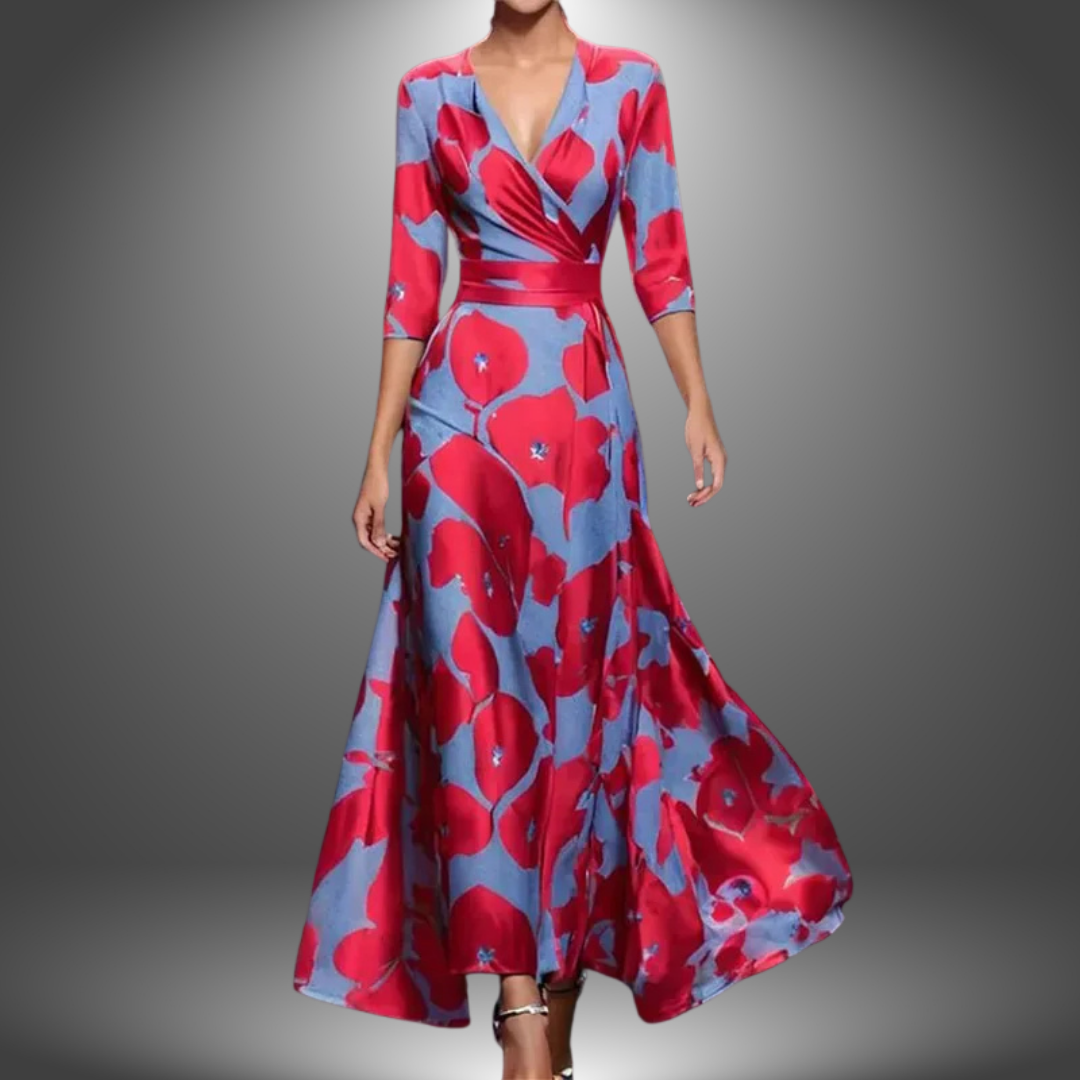 Red and blue floral V-neck half-sleeve boho maxi dress with wrap-style bodice