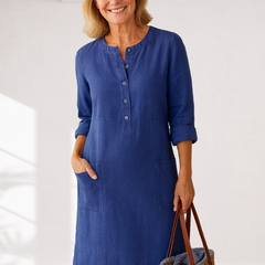 Blue linen-look everyday dress with button placket, three-quarter sleeves, side pockets